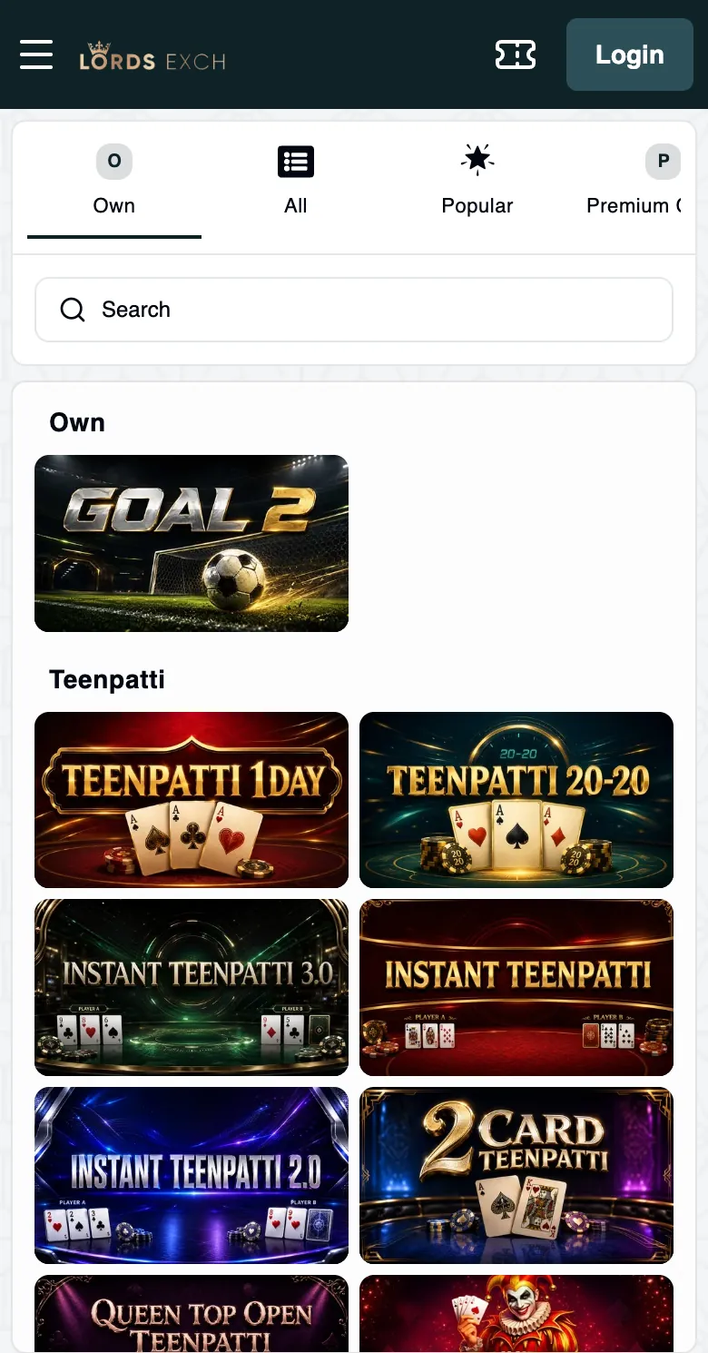 Lords Exchange live casino lobby with teen patti tables
